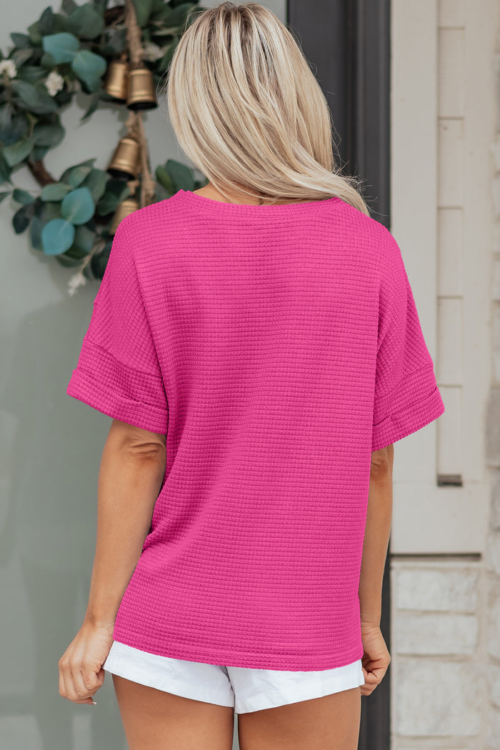 Strawberry Pink Waffle Knit V-Neck Top with Chic Cuffed Sleeves