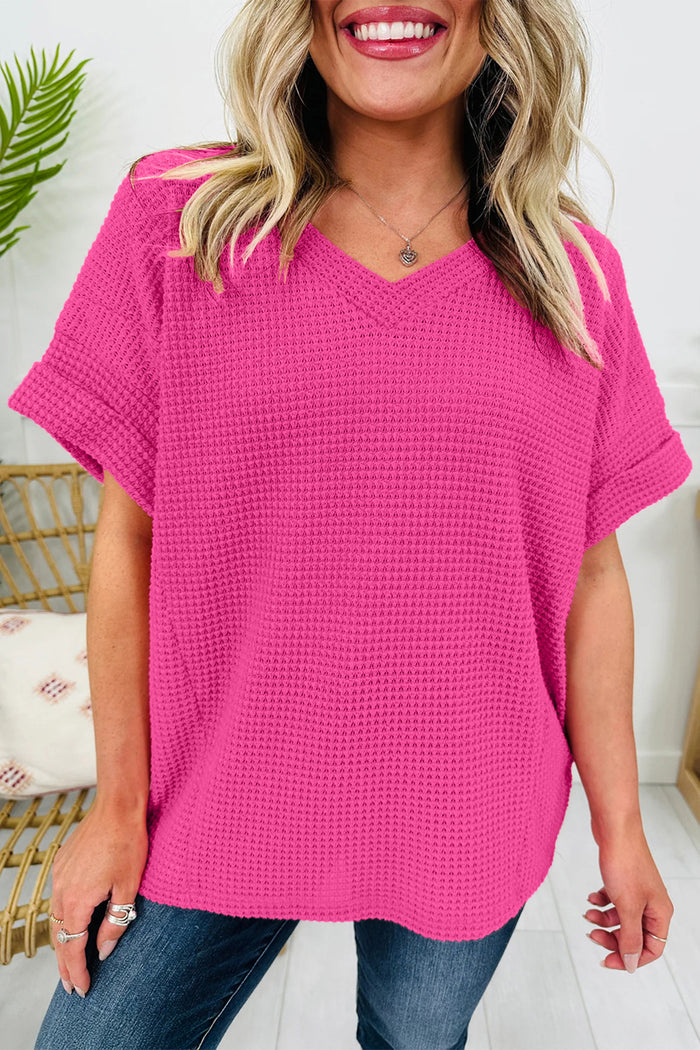 Strawberry Pink Waffle Knit V-Neck Top with Chic Cuffed Sleeves