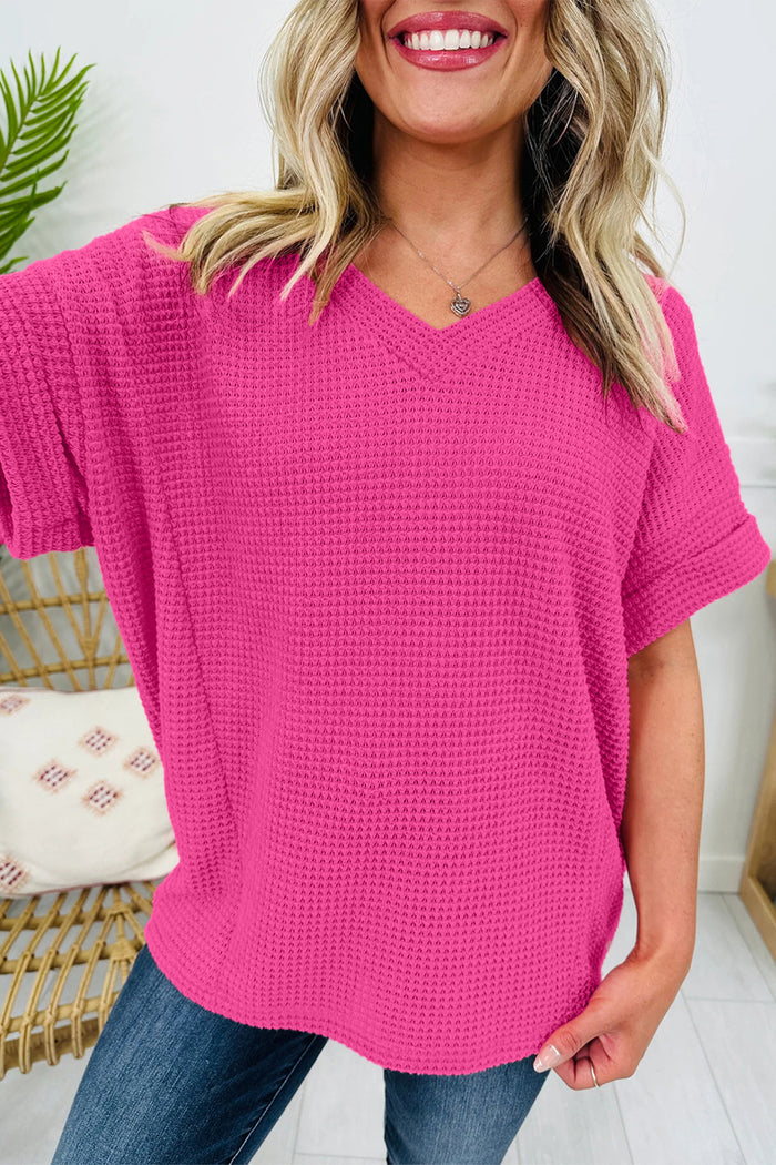 Strawberry Pink Waffle Knit V-Neck Top with Chic Cuffed Sleeves