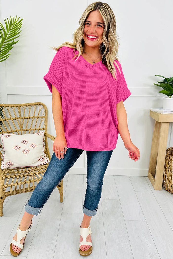 Strawberry Pink Waffle Knit V-Neck Top with Chic Cuffed Sleeves
