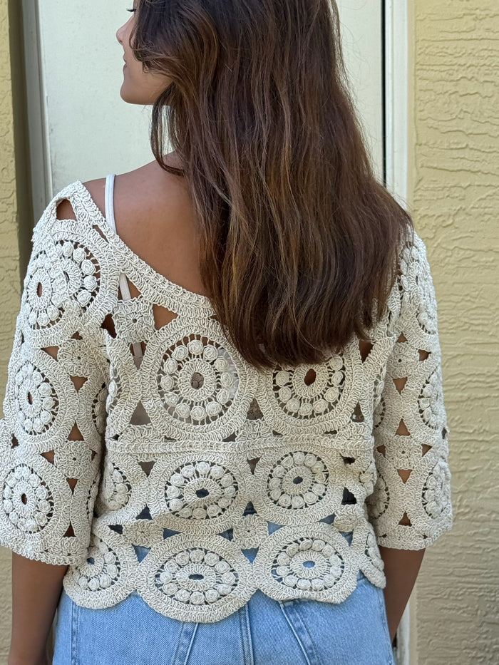 Tagen Lace Crotchet Top in Beige
