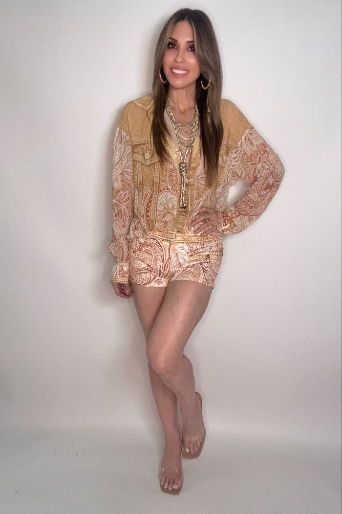 Style the Paisley Denim Effect Chiffon Shirt & Shorts Set exclusively at Born To Glam