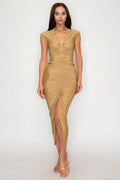 Style the Tan V-Neck Shirring Midi Dress exclusively at Born To Glam