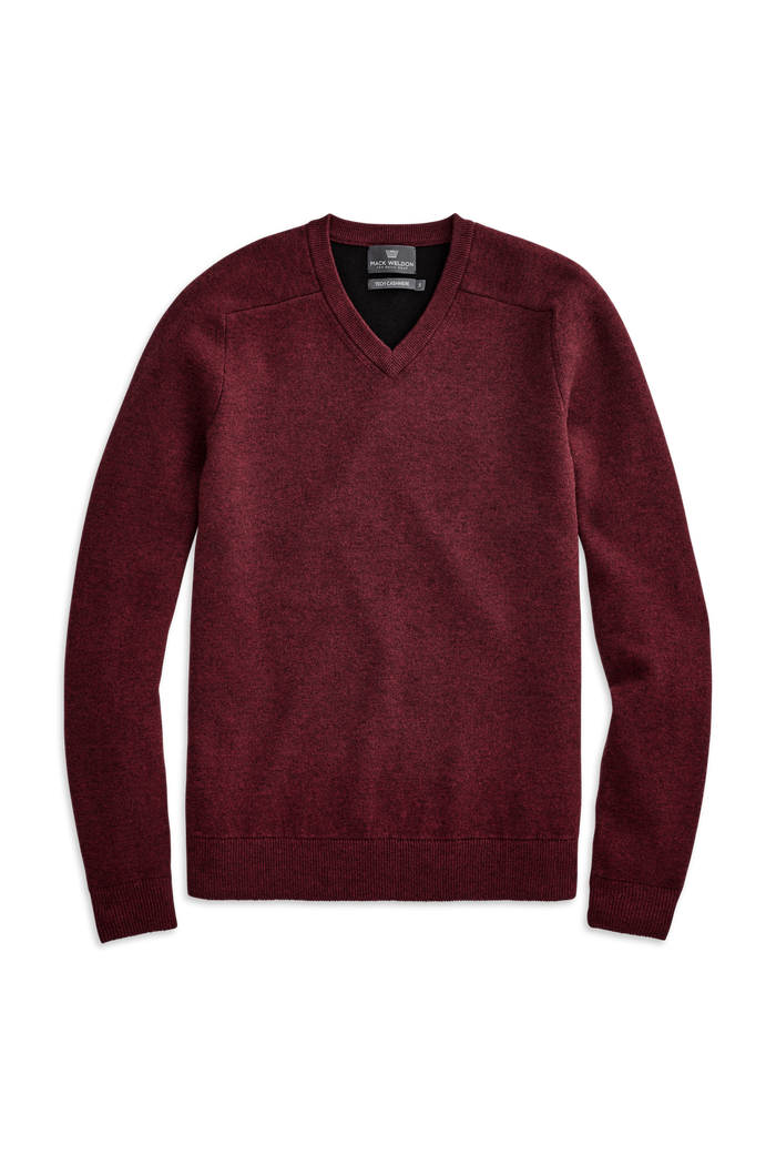 Malbec Heather | Front view of Tech Cashmere V Neck Sweater in Malbec Heather
