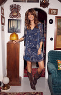 THE ALIDA EMBELLISHED TIE NECK RUFFLE MINI DRESS (NAVY)