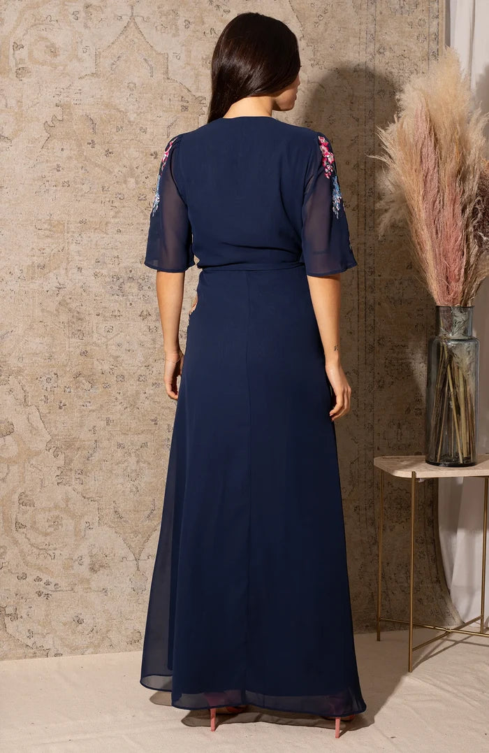The Gisela Embroidered Flutter Sleeve Maxi Wrap Dress