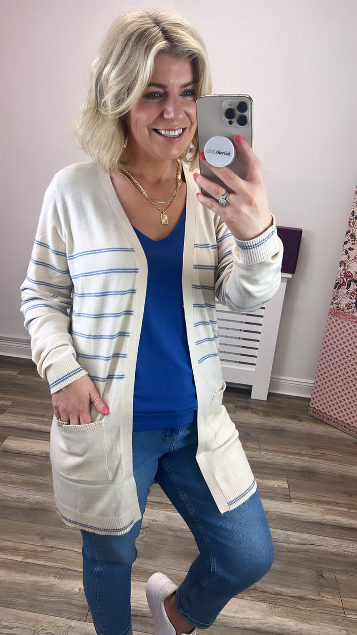 THESS CARDIGAN ( SANDSHELL/BLUE INDIGO)