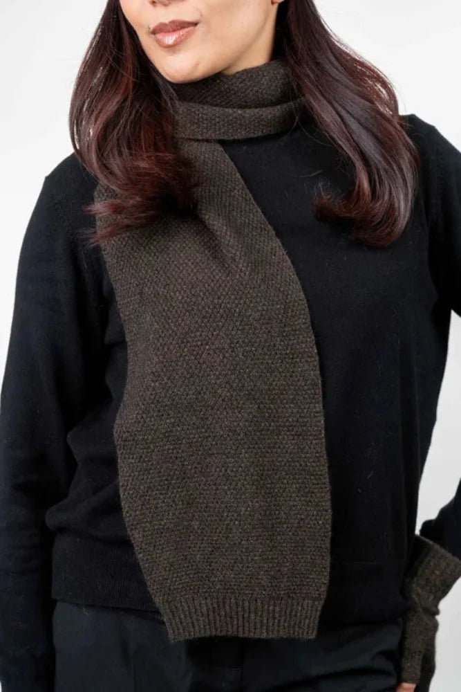Possum and Merino  TR100 Moss Stitch Scarf - A plain scarf using moss stitch.  Makes a set with TR49 Plain Gloves and TR200 Moss Stitch Beanie.   One Size Only – Approx. 19cm wide x 157cm long   Made proudly in New Zealand from a luxurious blend of 25% possum fur, 65% merino & 10% silk.