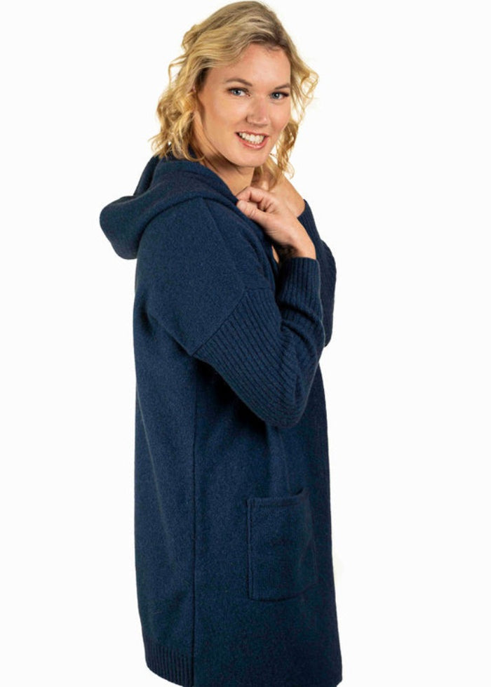 Possum and Merino  TR1019 Hooded Longline Cardigan - This long, hooded, cardigan is a great winter wardrobe staple.  It features ribbed sleeves and patch pockets.  Made proudly in New Zealand from a premium blend of 25% possum fur, 65% merino & 10% silk.