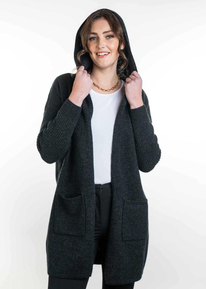 Possum and Merino  TR1019 Hooded Longline Cardigan - This long, hooded, cardigan is a great winter wardrobe staple.  It features ribbed sleeves and patch pockets.  Made proudly in New Zealand from a premium blend of 25% possum fur, 65% merino & 10% silk.