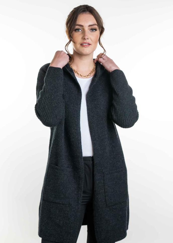 Possum and Merino  TR1019 Hooded Longline Cardigan - This long, hooded, cardigan is a great winter wardrobe staple.  It features ribbed sleeves and patch pockets.  Made proudly in New Zealand from a premium blend of 25% possum fur, 65% merino & 10% silk.