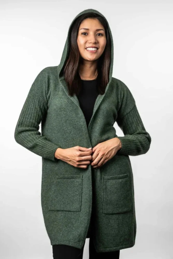 Possum and Merino  TR1019 Hooded Longline Cardigan - This long, hooded, cardigan is a great winter wardrobe staple.  It features ribbed sleeves and patch pockets.  Made proudly in New Zealand from a premium blend of 25% possum fur, 65% merino & 10% silk.