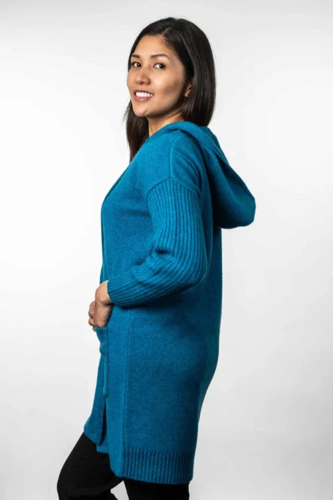 Possum and Merino  TR1019 Hooded Longline Cardigan - This long, hooded, cardigan is a great winter wardrobe staple.  It features ribbed sleeves and patch pockets.  Made proudly in New Zealand from a premium blend of 25% possum fur, 65% merino & 10% silk.