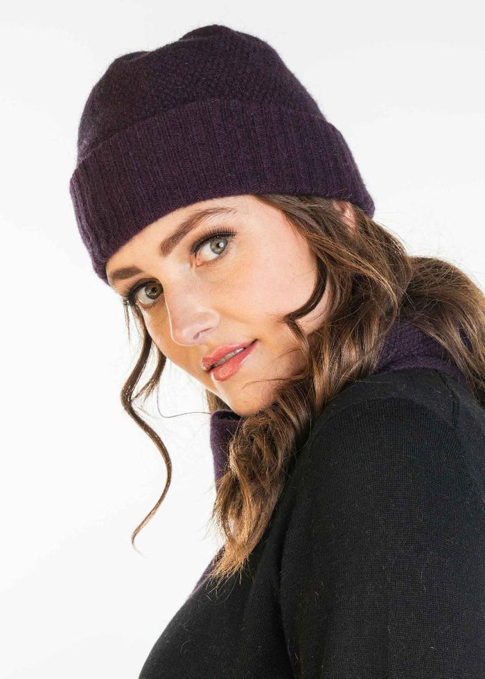 Possum and Merino  TR200 Moss Stitch Beanie - A beanie using moss stitch with a turned back edge.  Makes a set with TR49 Plain Gloves and TR100 Moss Stitch Scarf.   One Size Only   Made proudly in New Zealand from a luxurious blend of 25% possum fur, 65% merino & 10% silk.