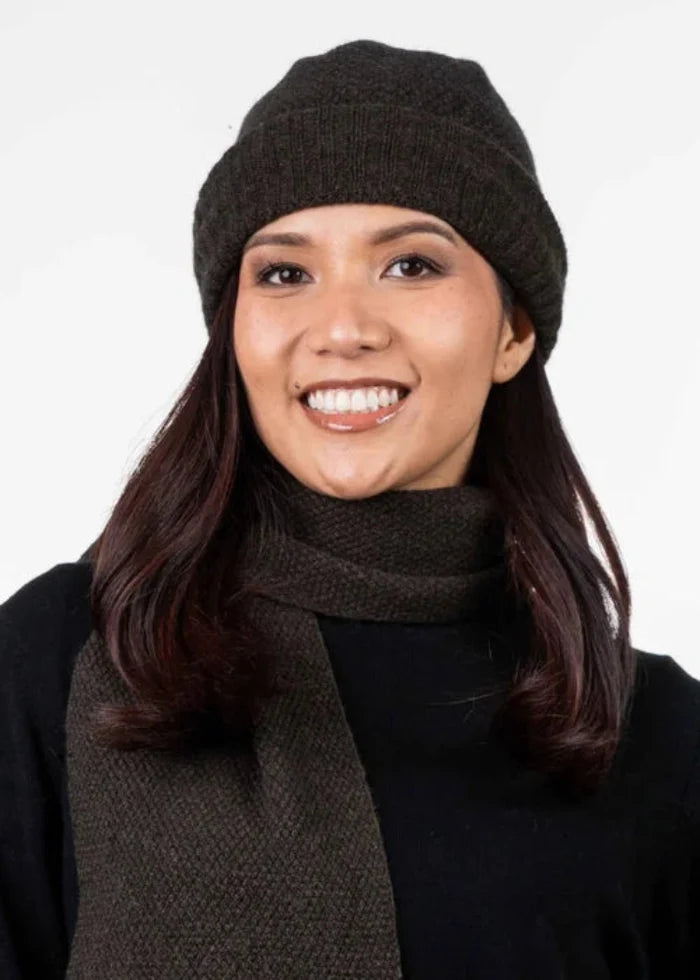 Possum and Merino  TR200 Moss Stitch Beanie - A beanie using moss stitch with a turned back edge.  Makes a set with TR49 Plain Gloves and TR100 Moss Stitch Scarf.   One Size Only   Made proudly in New Zealand from a luxurious blend of 25% possum fur, 65% merino & 10% silk.