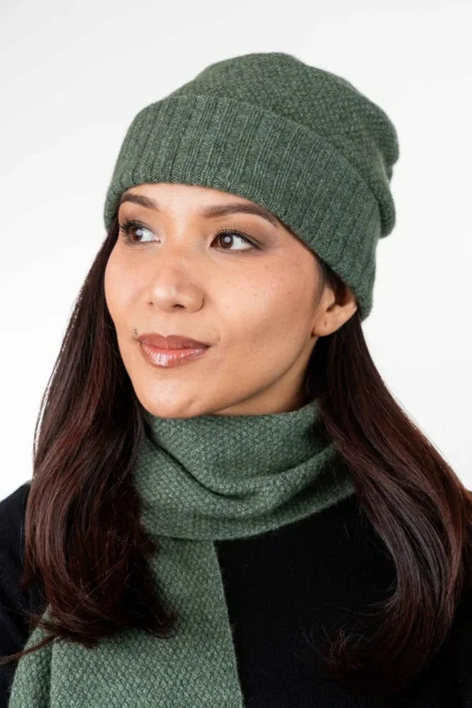 Possum and Merino  TR200 Moss Stitch Beanie - A beanie using moss stitch with a turned back edge.  Makes a set with TR49 Plain Gloves and TR100 Moss Stitch Scarf.   One Size Only   Made proudly in New Zealand from a luxurious blend of 25% possum fur, 65% merino & 10% silk.