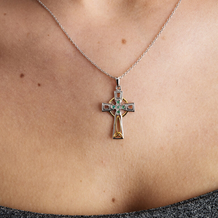 Celtic Trinity Knot Diamond & Emerald Cross