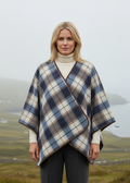 Tweed Poncho Wrap | Blue Beige Check | 100% Wool