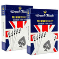 Two boxes of Royal Flush playing cards with Union Jack design on a white background
