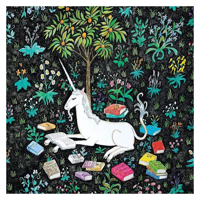 White bearded unicorn sitting under a tree reading books
