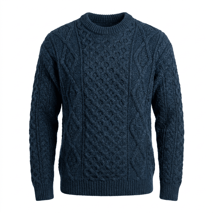 Unisex 100% Wool Aran Cable Knit Crew Neck Jumper – Made in Ireland | Black Watch - Heritage Of Scotland - XS