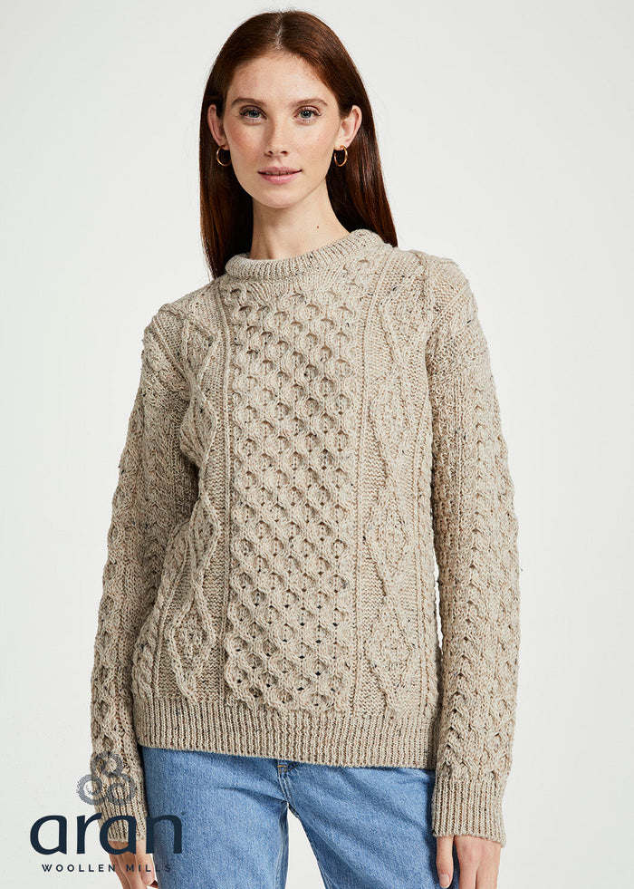 Unisex Aran Wool Sweater | Traditional Irish Knitwear | Flecked Oatmeal