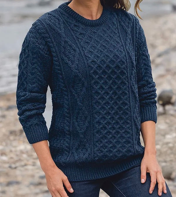 Unisex Aran Wool Sweater | Traditional Irish Knitwear | Navy & Green