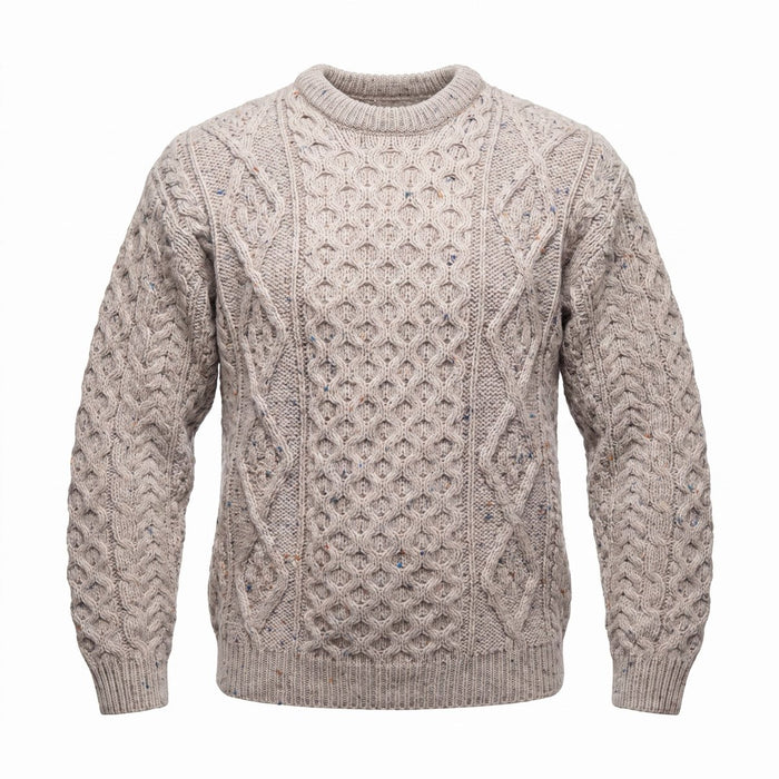 Unisex Speckled Beige 100% Wool Aran Cable Knit Crew Neck Jumper – Made in Ireland | Skiddaw - Heritage Of Scotland - XS