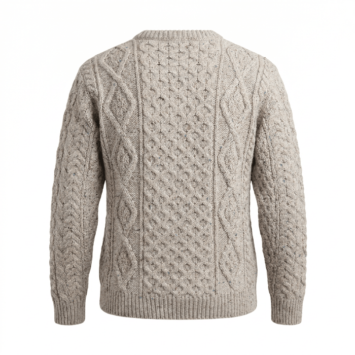 Unisex Speckled Beige 100% Wool Aran Cable Knit Crew Neck Jumper – Made in Ireland | Skiddaw - Heritage Of Scotland - XS