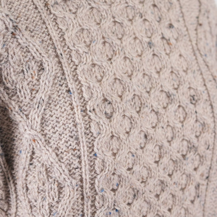 Unisex Speckled Beige 100% Wool Aran Cable Knit Crew Neck Jumper – Made in Ireland | Skiddaw - Heritage Of Scotland - XS