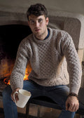 Unisex Traditional Aran Crew Neck Sweater | Oatmeal | Pure Wool