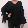 VALENTINO BLACK VIRGIN WOOL SWEATER WITH BOW BELL SLEEVES - SIZE XS