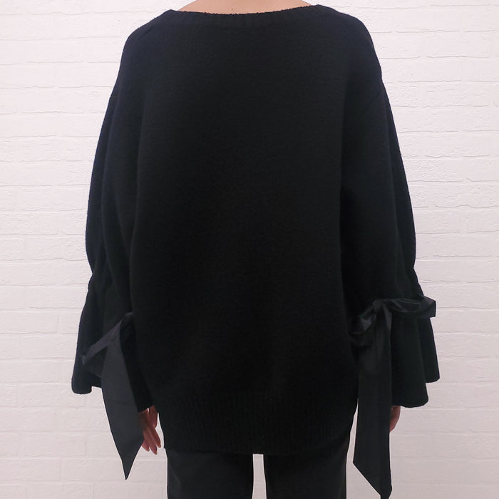 VALENTINO BLACK VIRGIN WOOL SWEATER WITH BOW BELL SLEEVES - SIZE XS