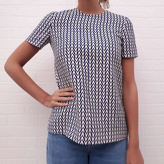 VALENTINO NAVY AND CREAM LOGO SHORT SLEEVE TOP - SIZE 38