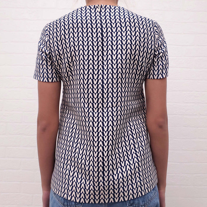 VALENTINO NAVY AND CREAM LOGO SHORT SLEEVE TOP - SIZE 38