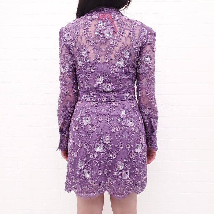 VALENTINO PURPLE LACE FLORAL EMBELLISHED MINI SHIRTDRESS - SIZE 42