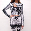 VERSACE BLACK, WHITE AND GREY BAROQUE CUT OUT CROP TOP WITH MEDUSA BUTTON - SIZE 46