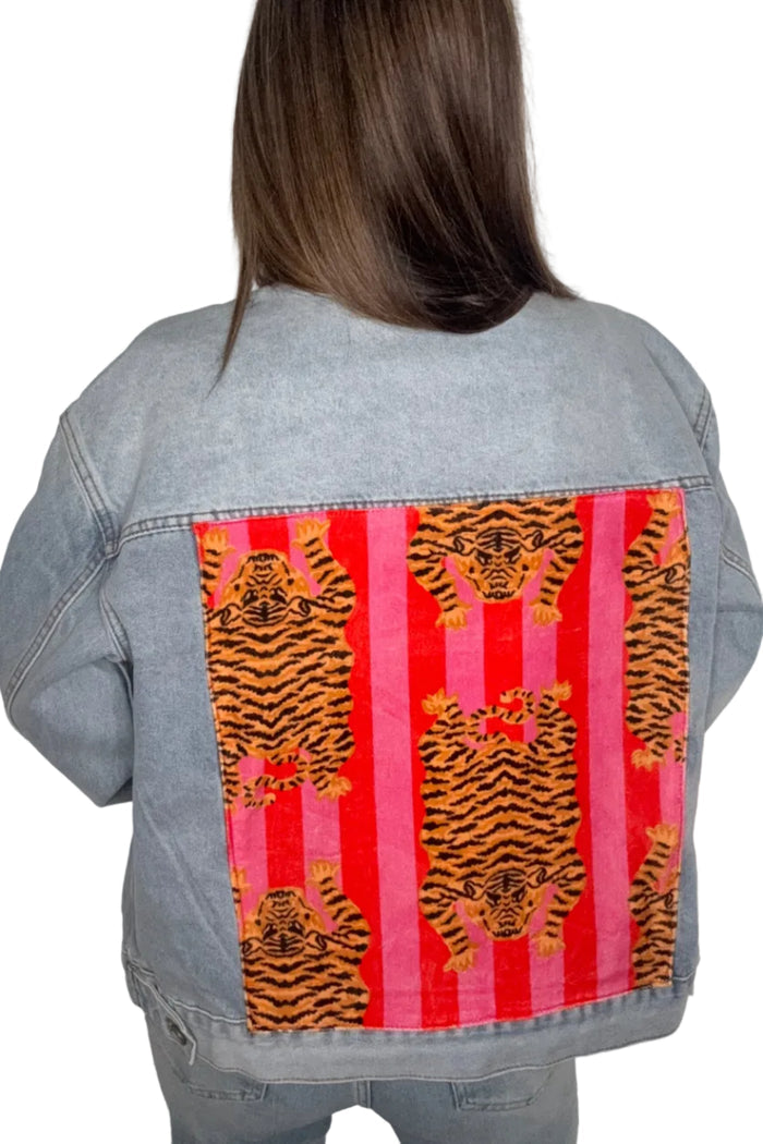Style the Veveret Classic Denim Jacket with Back Tiger Patch Print exclusively at Born To Glam