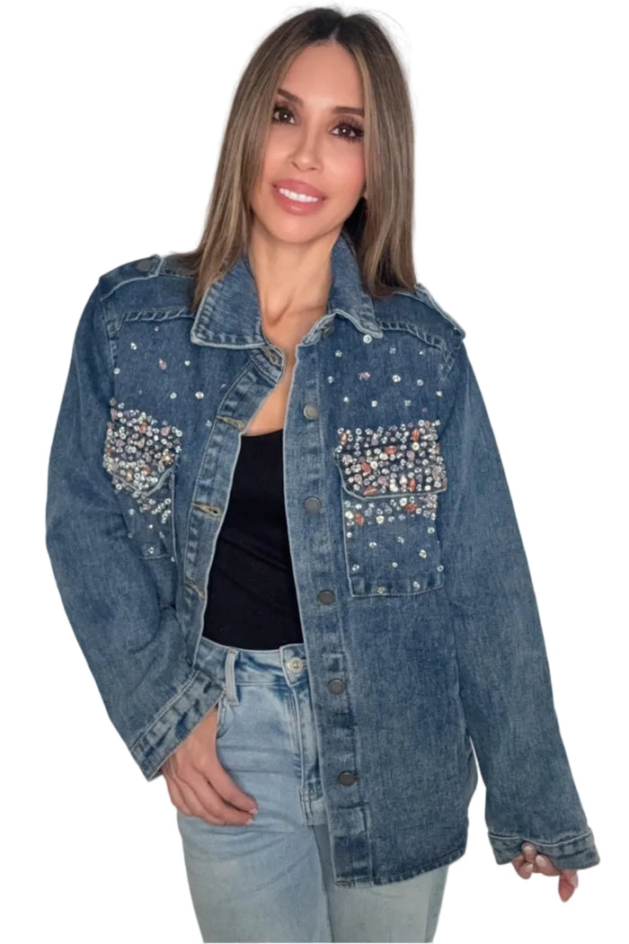 Style the Veveret Color Rhinestone Denim Shacket exclusively at Born To Glam