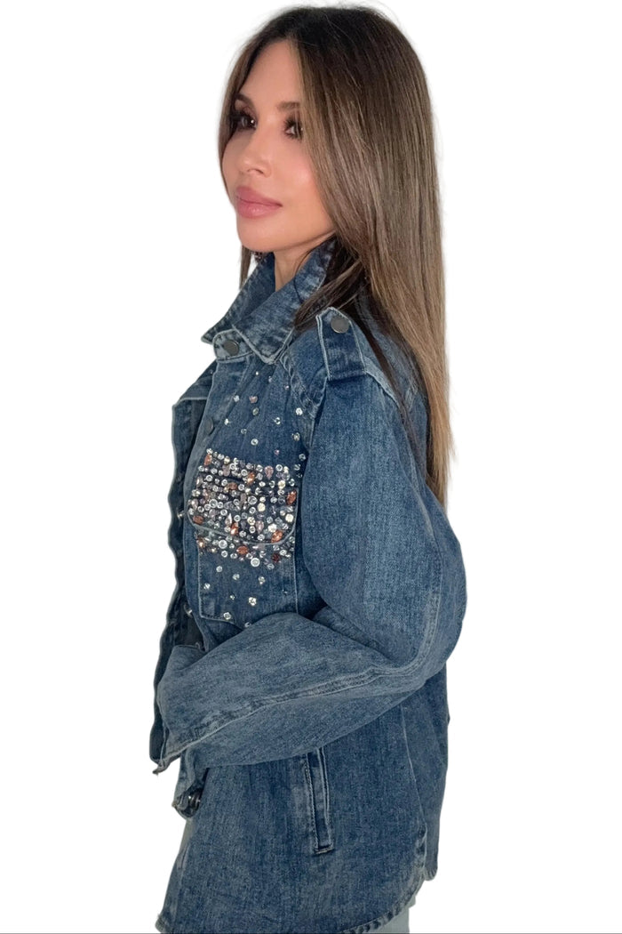 Style the Veveret Color Rhinestone Denim Shacket exclusively at Born To Glam