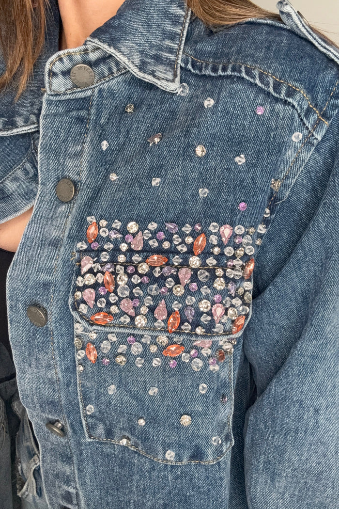 Style the Veveret Color Rhinestone Denim Shacket exclusively at Born To Glam