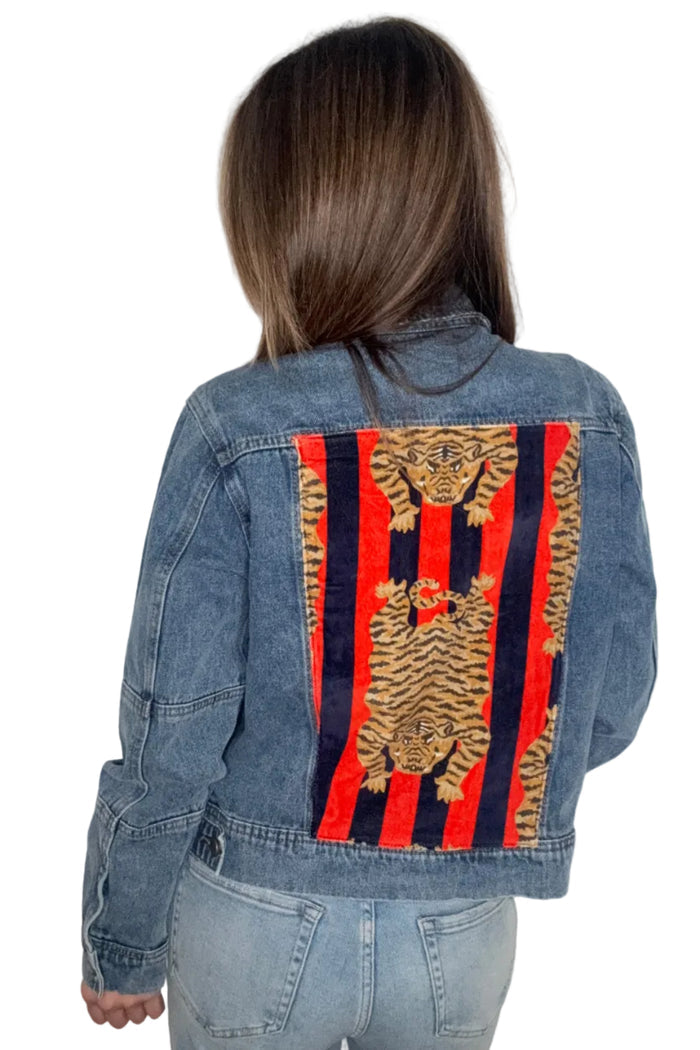 Style the Veveret Fitted Denim Jacket with Back Tiger Patch Print exclusively at Born To Glam