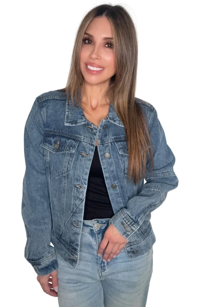 Style the Veveret Fitted Denim Jacket with Back Tiger Patch Print exclusively at Born To Glam