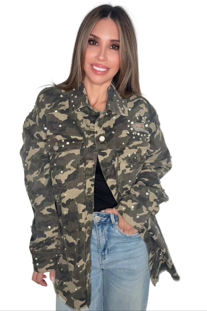 Style the Veveret Printed Rhinestone Denim Jacket exclusively at Born To Glam