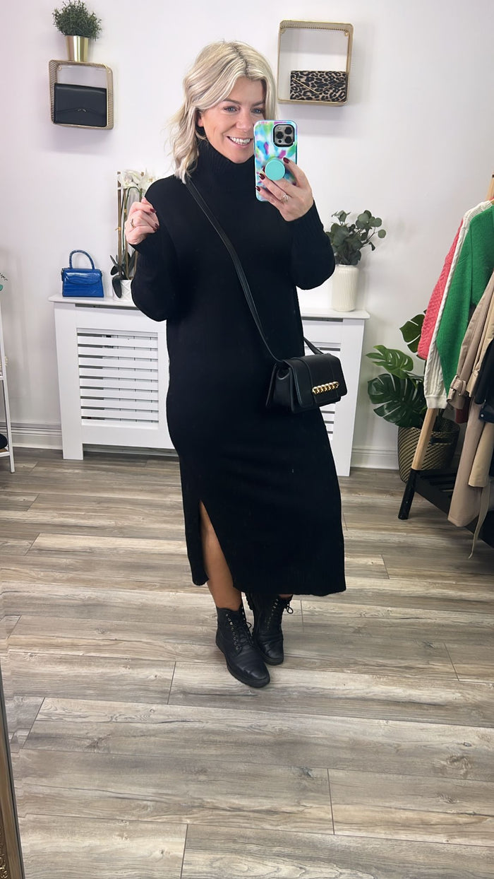 Viril Roll Neck Midi Dress (Black)