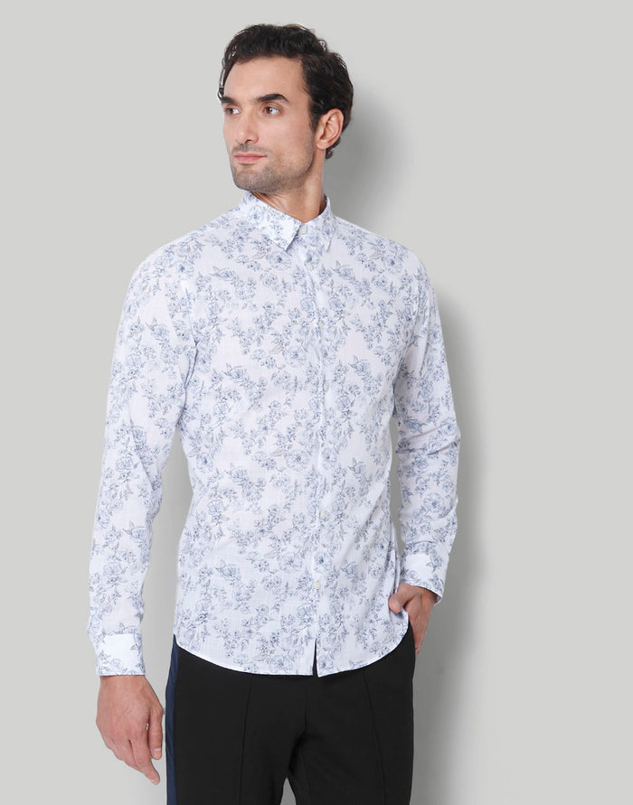 White Floral Print Full Sleeves Shirt