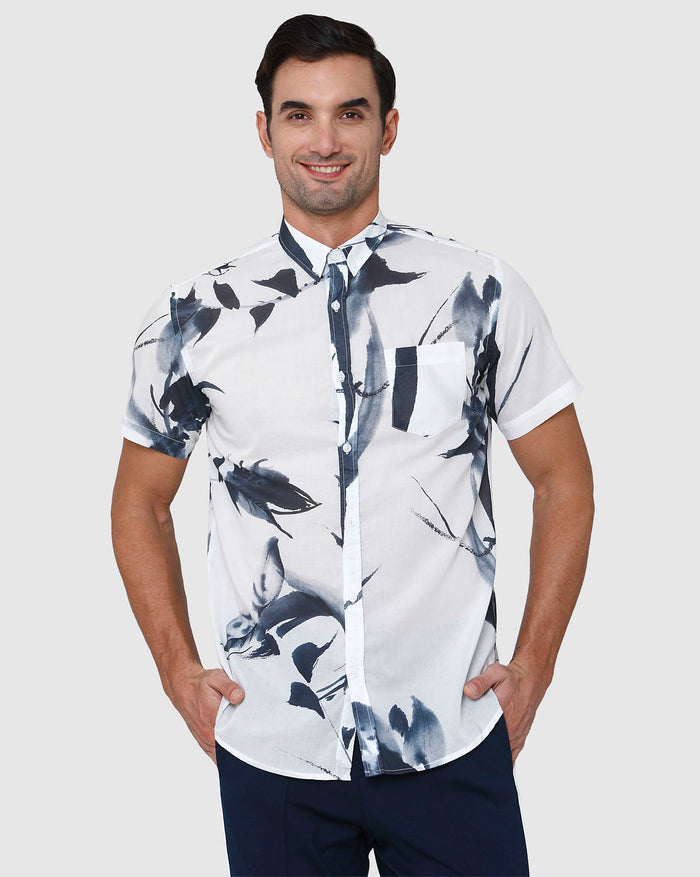 White Floral Print Short Sleeves Shirt