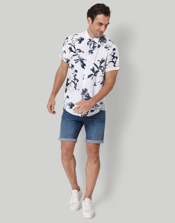White Floral Print Short Sleeves Shirt