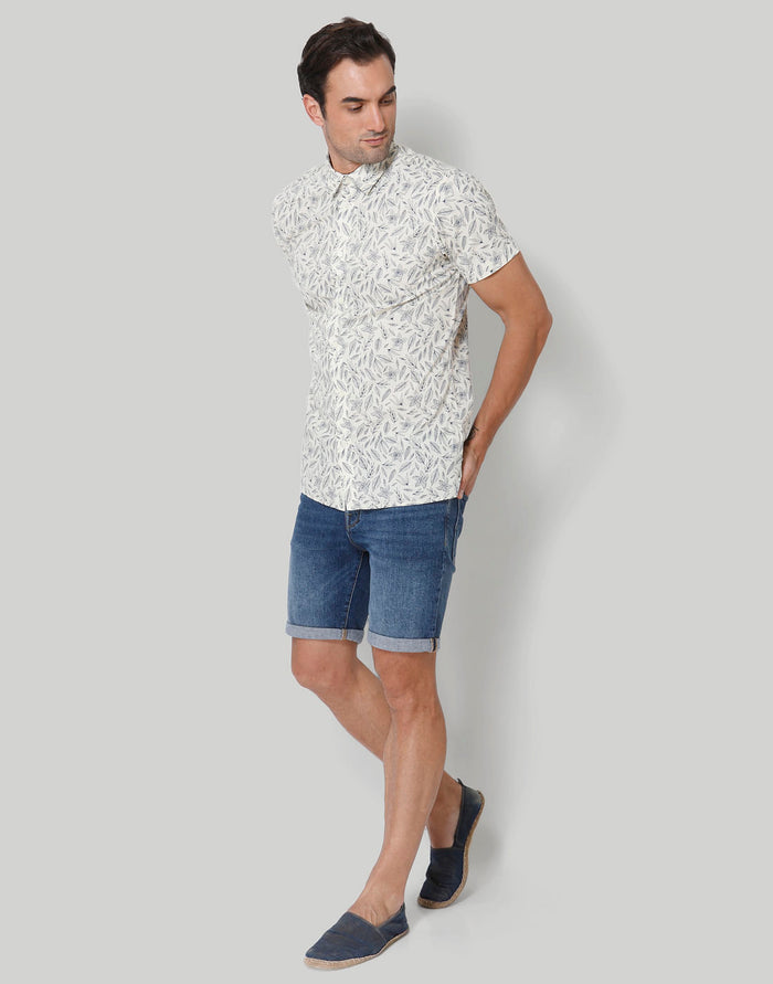 White Floral Print Short Sleeves Shirt