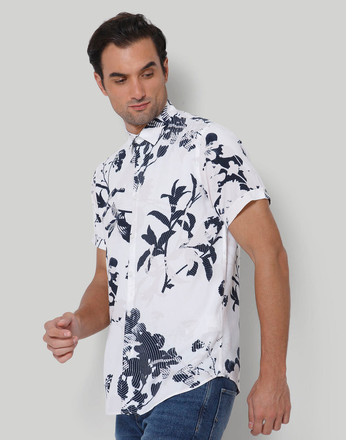 White Floral Print Short Sleeves Shirt
